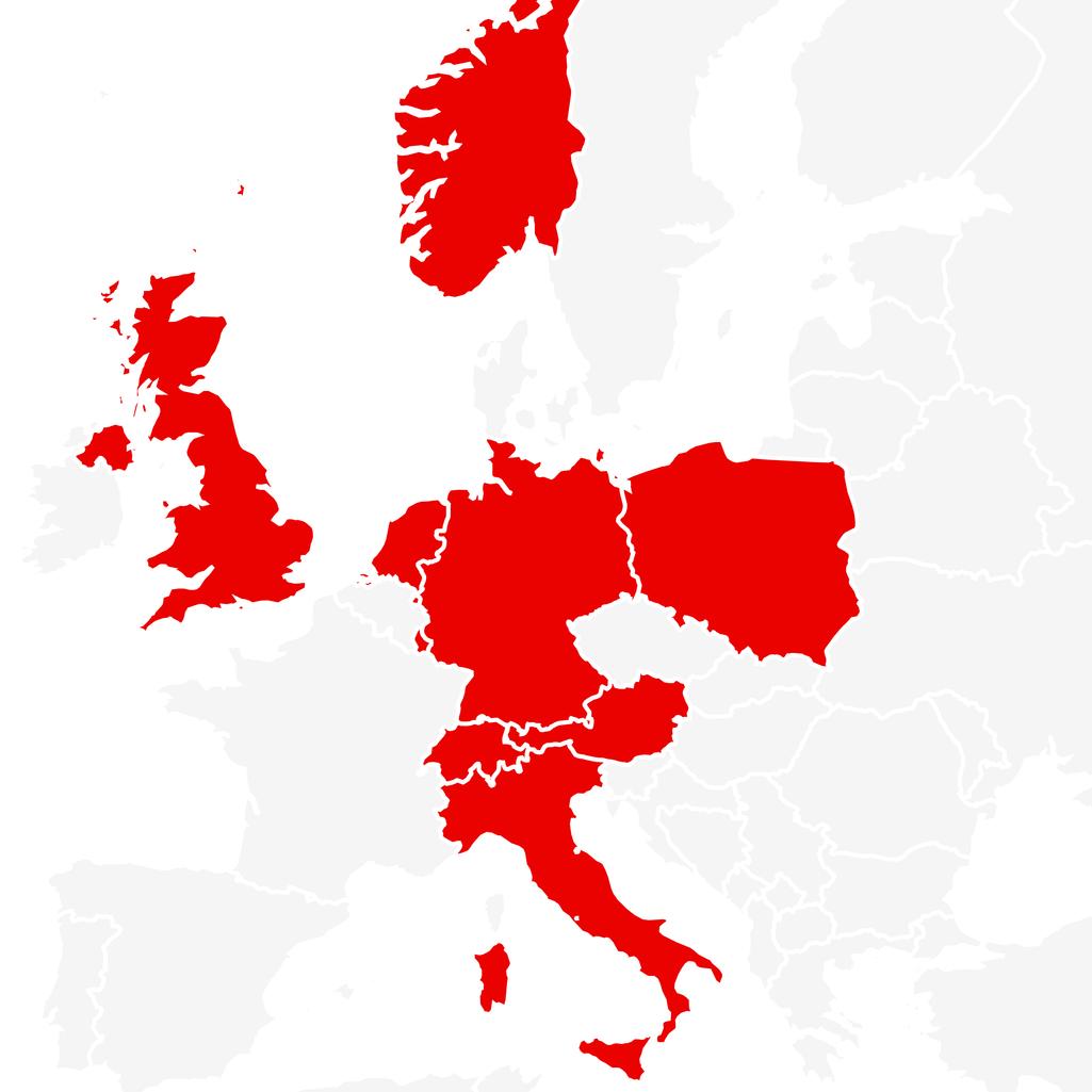 The image is a map of Europe with several countries highlighted in red. The highlighted countries are the United Kingdom, Norway, Germany, Poland, Austria, Italy, and Switzerland